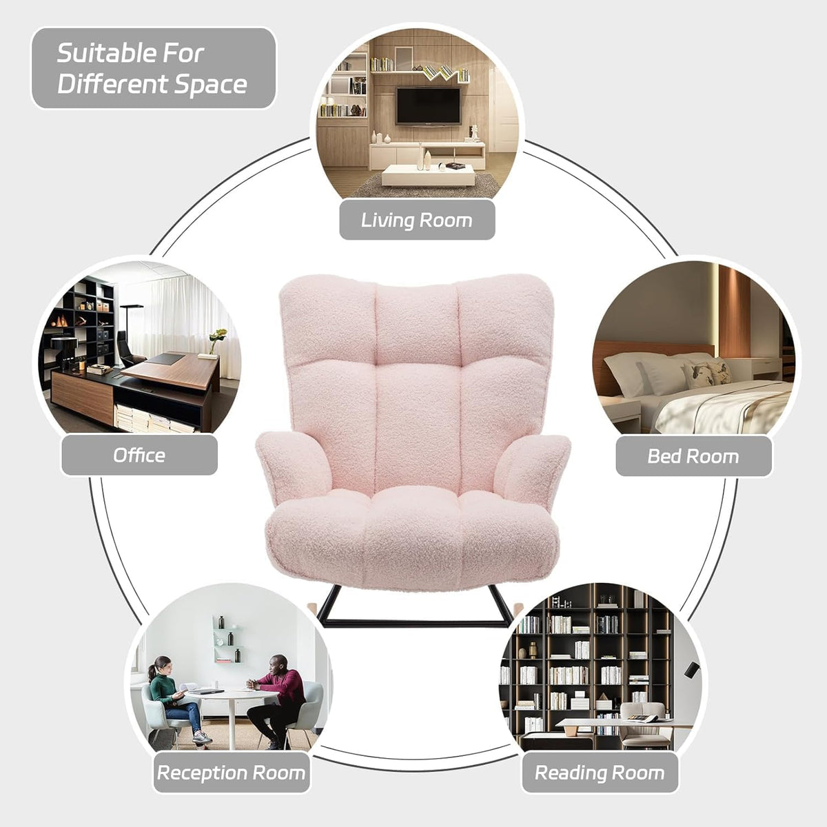 SAETSFEG Rocking Chair Nursery Teddy Upholstered Glider Rocker Rocking Accent Chair Padded Seat with High Backrest Armchair Comfy Side Chair for Living Room Bedroom Offices (Pink Teddy)