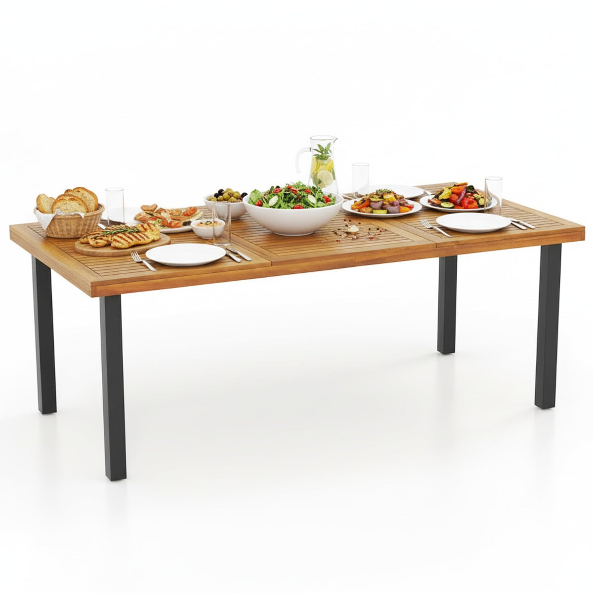 Tangkula 79" Acacia Wood Patio Dining Table for 8, Large 8-Person Outdoor Dining Table with 1.9" Umbrella Hole, Metal Legs & Adjustable Foot Pads, Rectangular Outside Table for Garden, Poolside & Yard
