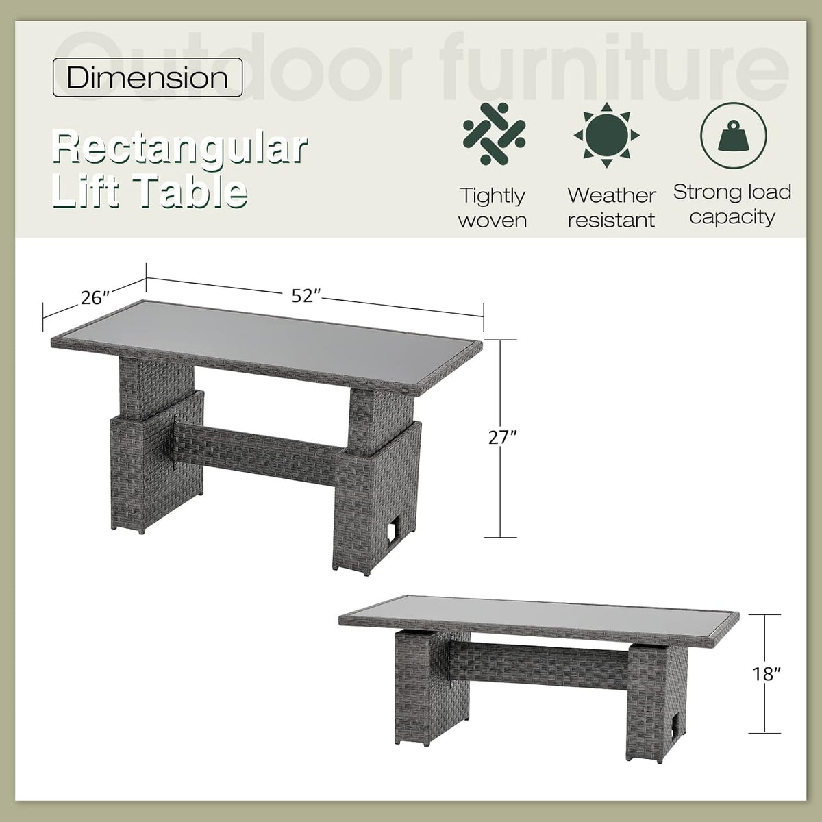 SUNSITT Outdoor Patio Lift Top Table Adjustable Height Wicker Dining Table