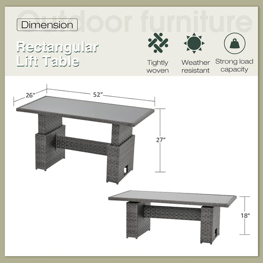 SUNSITT Outdoor Patio Lift Top Table Adjustable Height Wicker Dining Table