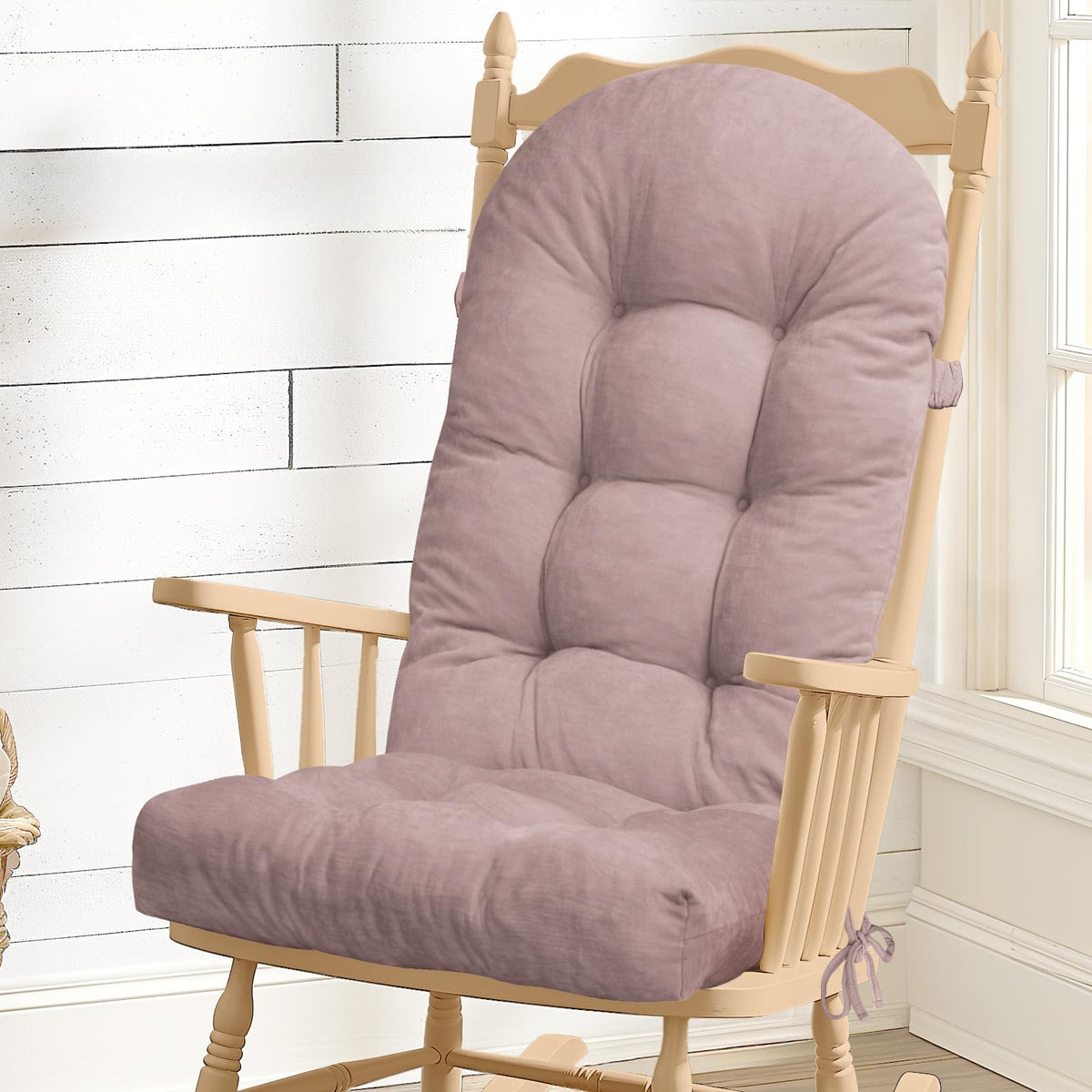 Rocking Chair Cushion - Soft Chenille Fabric Seat Pad with Tufted Design, Non-Slip Bottom and Secure Ties, for Glider, Adirondack and Indoor Rocker Chair, 44x19x4 Inch, Oyster White