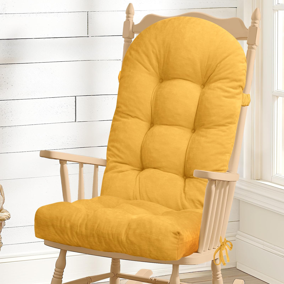 Rocking Chair Cushion - Soft Chenille Fabric Seat Pad with Tufted Design, Non-Slip Bottom and Secure Ties, for Glider, Adirondack and Indoor Rocker Chair, 44x19x4 Inch, Oyster White