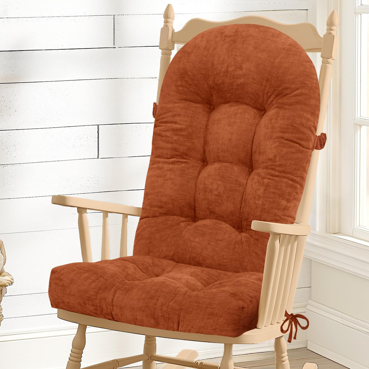 Rocking Chair Cushion - Soft Chenille Fabric Seat Pad with Tufted Design, Non-Slip Bottom and Secure Ties, for Glider, Adirondack and Indoor Rocker Chair, 44x19x4 Inch, Oyster White