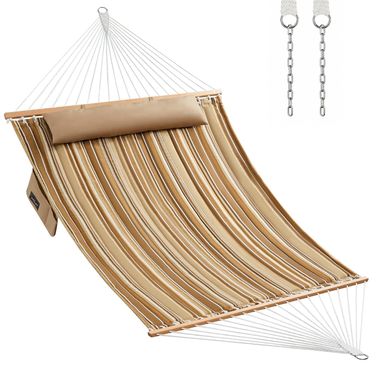 CHULIM Double Quilted Fabric Hammock with Hardwood Spreader Bars and Pillow 450 LBS Capacity 2 Person Large Hammock for Outdoor Patio Backyard Poolside - Green