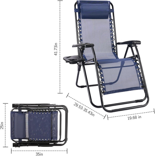 Sweetcrispy Zero Gravity Chairs Set of 2, Outdoor Folding Reclining Lounge Chair with Cup Holder Tray & Adjustable Pillow, Portable Camping Beach Patio Poolside Lawn Yard Chair, Classic Blue