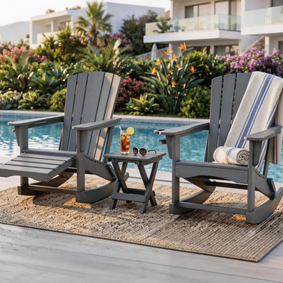 Adirondack Rocking Chair with Retractable Ottoman,Outdoor Folding Adirondack Chair with Cup Holder,HDPE All-Weather Patio Lounge Chair for Porch,Lawn, Poolside, Grey