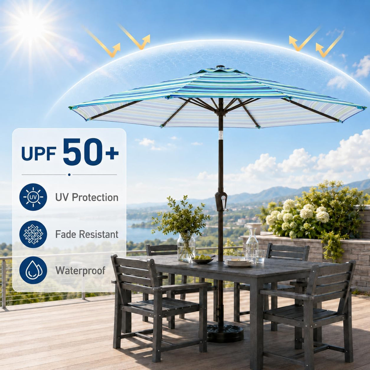 10FT Solar Patio Umbrella with Lights, Outdoor Table Market Umbrella with 32 LED Lights, 8 Sturdy Ribs, Push Button Tilt and Crank for Pool, Deck and Garden, UV-Resistant