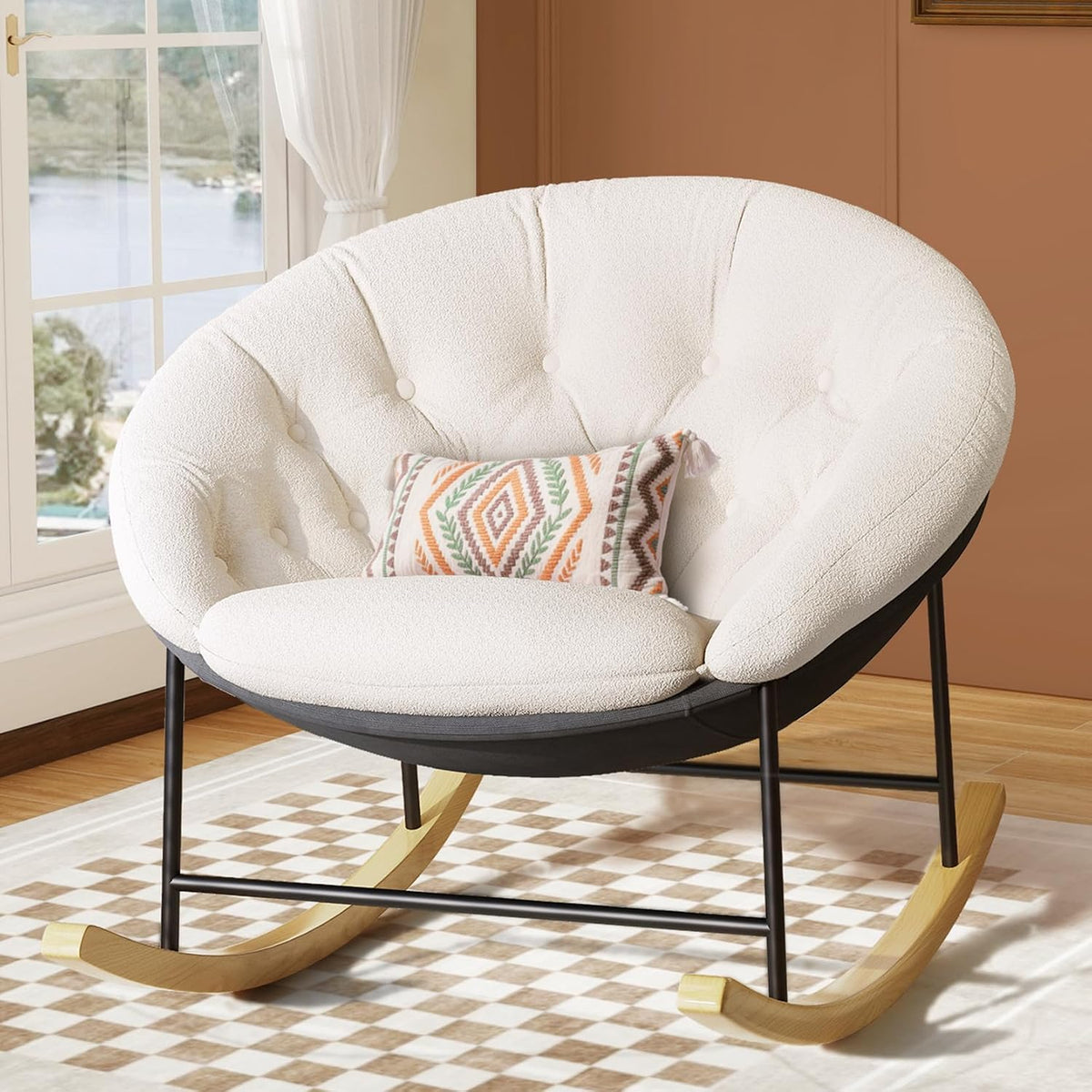Kidirect Wide Rocking Chair Nursery, Comfy Saucer Nursery Rocking Chairs with Removable Cushion, Indoor Papasan Nursing Chair for Breastfeeding, Mecedora Para Adultos for Living Room & Bedroom (Beige)