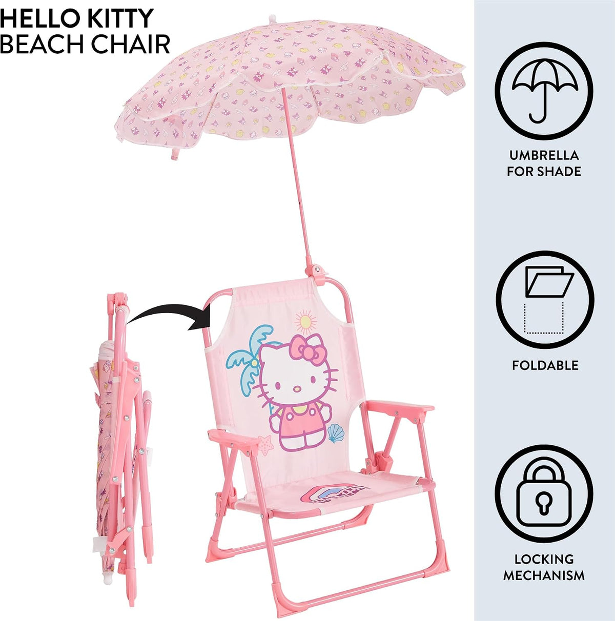 Sanrio Hello Kitty Kids Outdoor Folding Beach Chair with Umbrella,Portable Camp Chair for Ages 3+, Lightweight & Compact for Beach, Camping, and Backyard