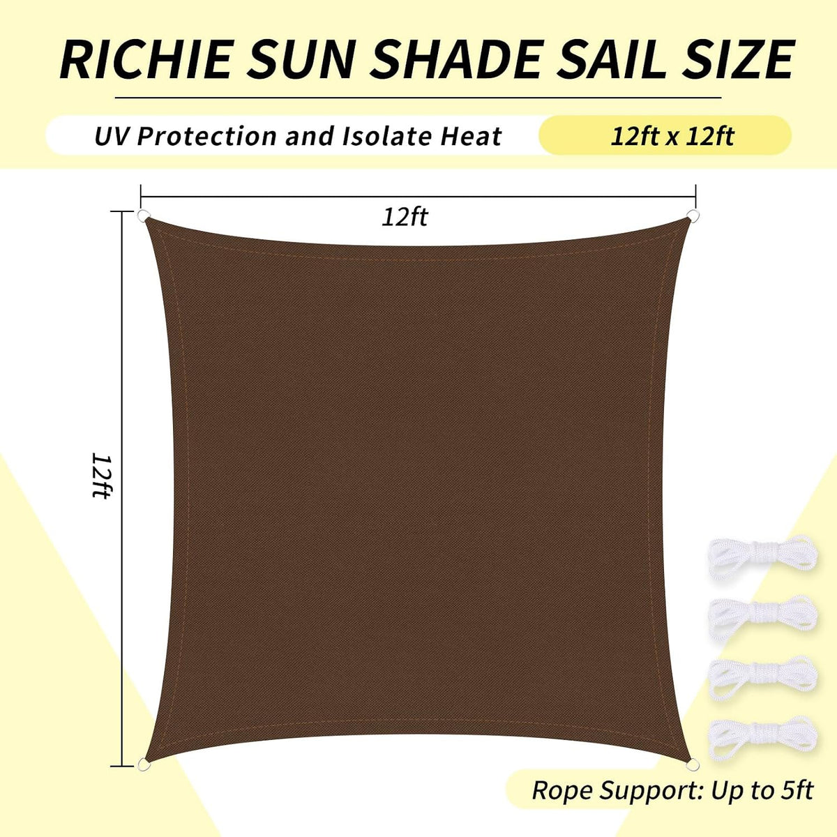 RICHIE Upgrade 12'x12' Sun Shade Sail Square Canopy, Water Resistant & UV Block Sunshade for Outdoor Patio Lawn Beach Garden Carport Backyard Deck Pergola, Brown