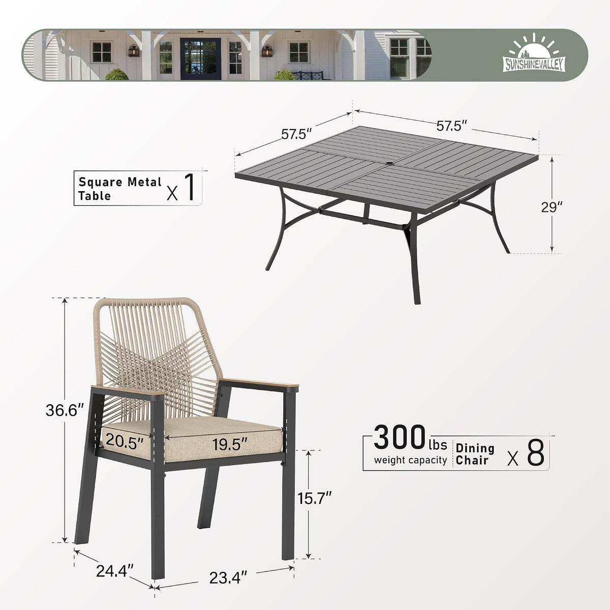 SUNSHINE VALLEY 9pc Patio Dining Set, 57.5" Square Table & 8 Rattan Chairs