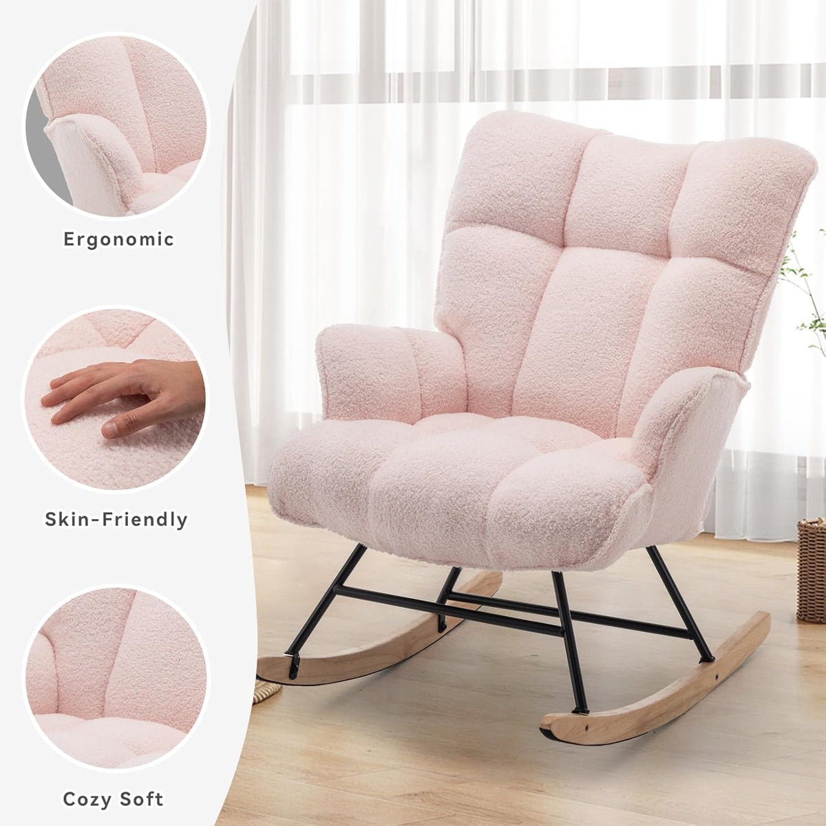 SAETSFEG Rocking Chair Nursery Teddy Upholstered Glider Rocker Rocking Accent Chair Padded Seat with High Backrest Armchair Comfy Side Chair for Living Room Bedroom Offices (Pink Teddy)
