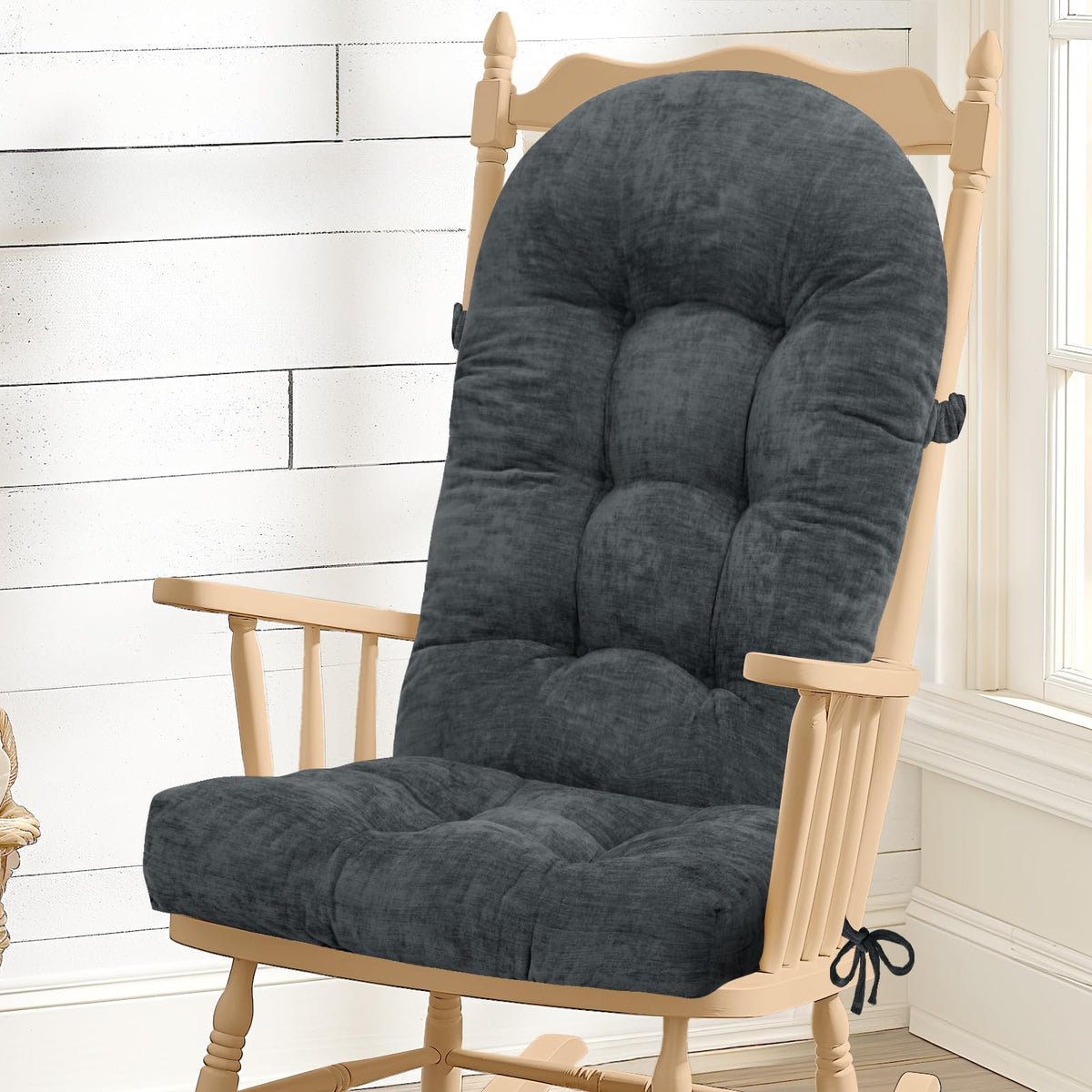 Rocking Chair Cushion - Soft Chenille Fabric Seat Pad with Tufted Design, Non-Slip Bottom and Secure Ties, for Glider, Adirondack and Indoor Rocker Chair, 44x19x4 Inch, Oyster White