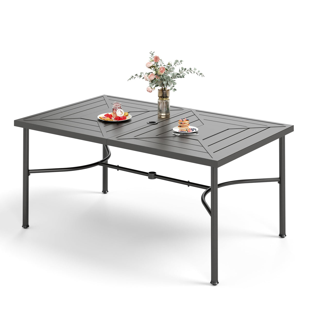 HERA'S HOUSE Outdoor Dining Table for 6, Brown Metal Table w/Umbrella Hole