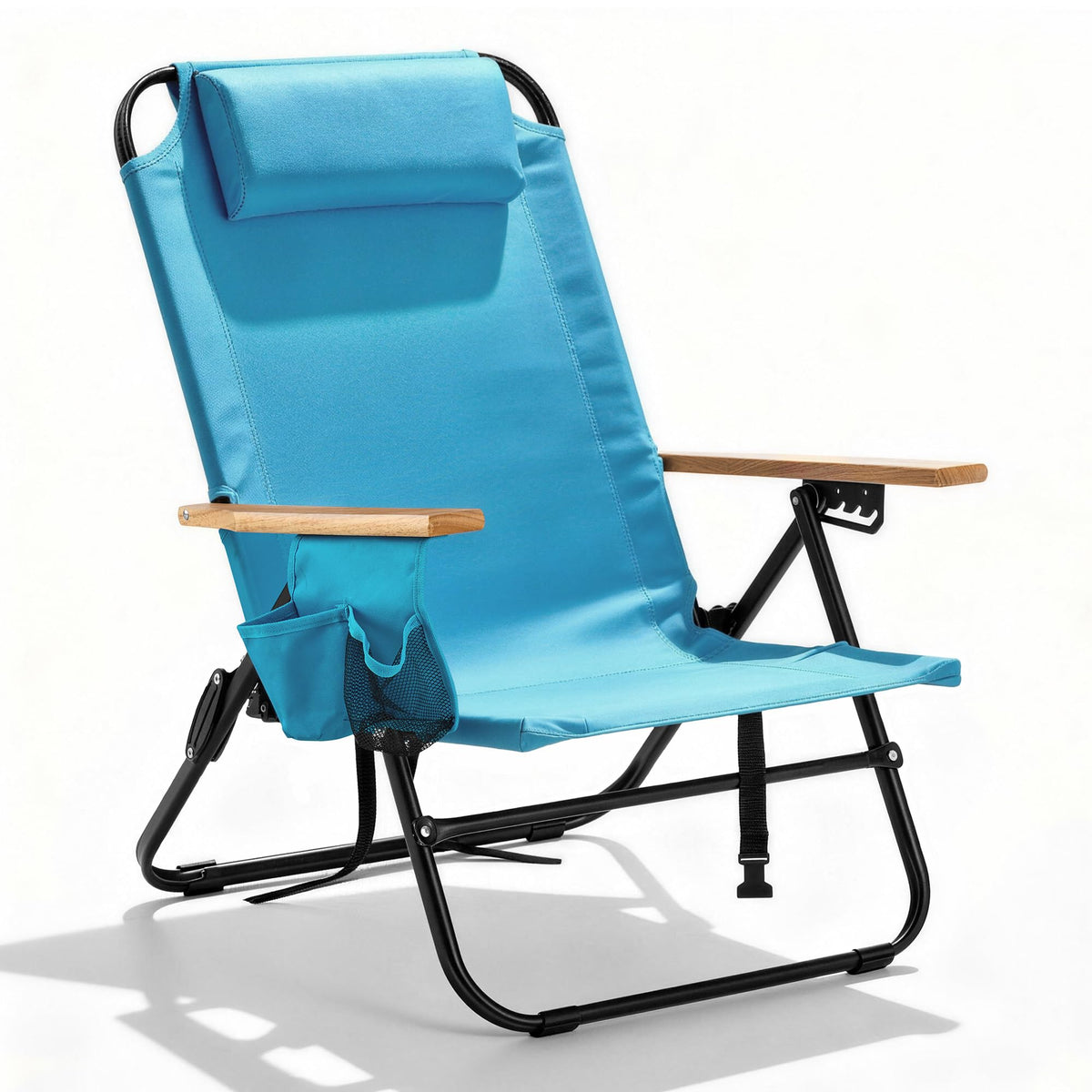 Premium Portable Camping Chair 5-Position Recliner Beach Folding Lightweight Outdoor Chair with Wooden Armrests, Headrest, Multi-Pockets Heavy Duty 350lbs, for Patio, Backyard, Brown