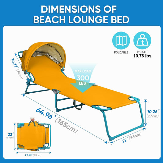 Colorsoul Tanning Chair with Sun Canopy,Adjustable 4-Position Beach Lounge Chair for Adults,Heavy Duty Folding Outdoor Lounge Chair,for Patio Poolside Sunbathing,UPF 50+,300 LBS,Yellow