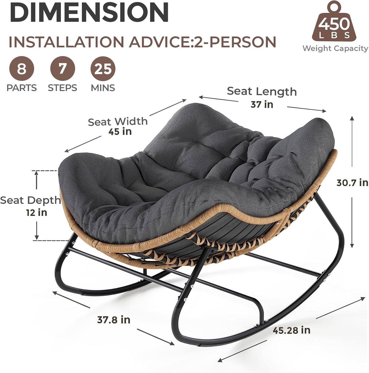 SWITTE Outdoor Rocking Papasan Chair with Thick Cushion, Dark Gray