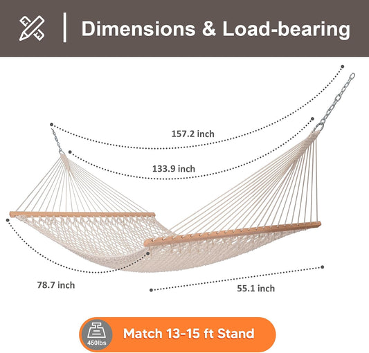 SUNCREAT Traditional Rope Double Hammock, 450 lbs Capacity, Natural