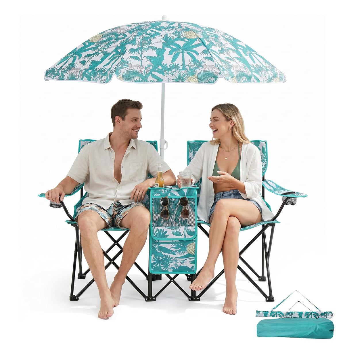 Outvita Folding Double Camping Chair w/Umbrella, Cooler for Beach Patio L