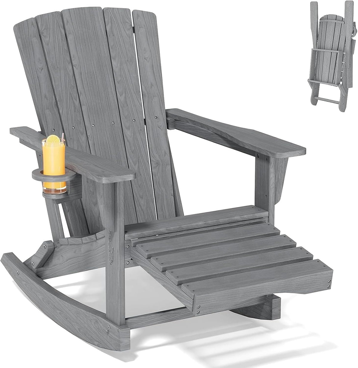 Adirondack Rocking Chair with Retractable Ottoman,Outdoor Folding Adirondack Chair with Cup Holder,HDPE All-Weather Patio Lounge Chair for Porch,Lawn, Poolside, Grey
