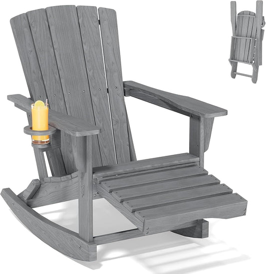 Adirondack Rocking Chair with Retractable Ottoman,Outdoor Folding Adirondack Chair with Cup Holder,HDPE All-Weather Patio Lounge Chair for Porch,Lawn, Poolside, Grey