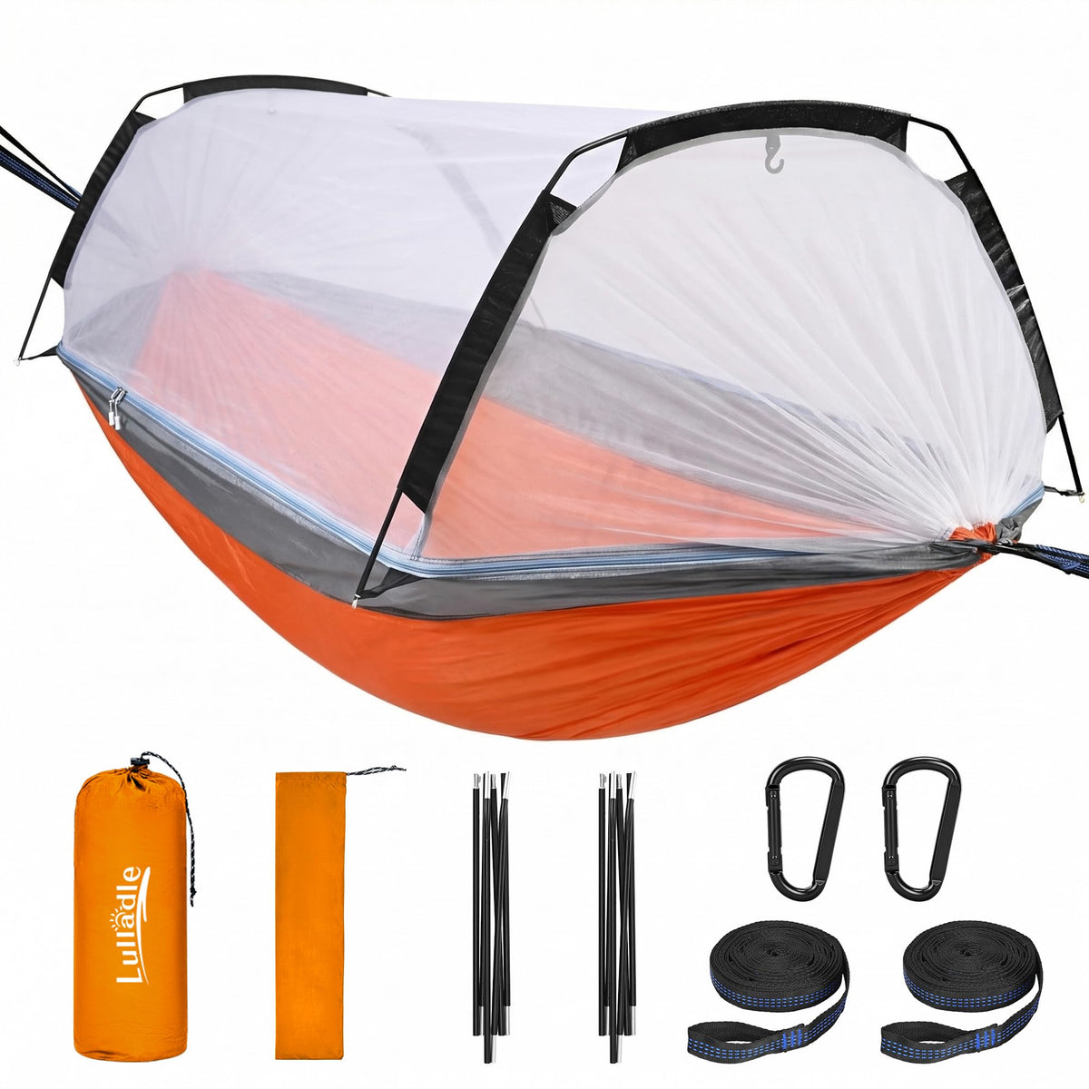 Lulladle Camping Hammock - 500lbs Capacity Portable Hammock with 2 Tree Straps and with Mosquito Net,Nylon Hanging Hammock Easy Setup and Pack for Outdoors Camping,Backpacking,Hiking - Double/Single