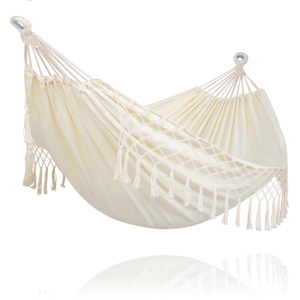 SUNCREAT Portable Camping Hammock for Outside, Heavy Duty 2 Person Hammock Bed for Tree, Beige with Tassels