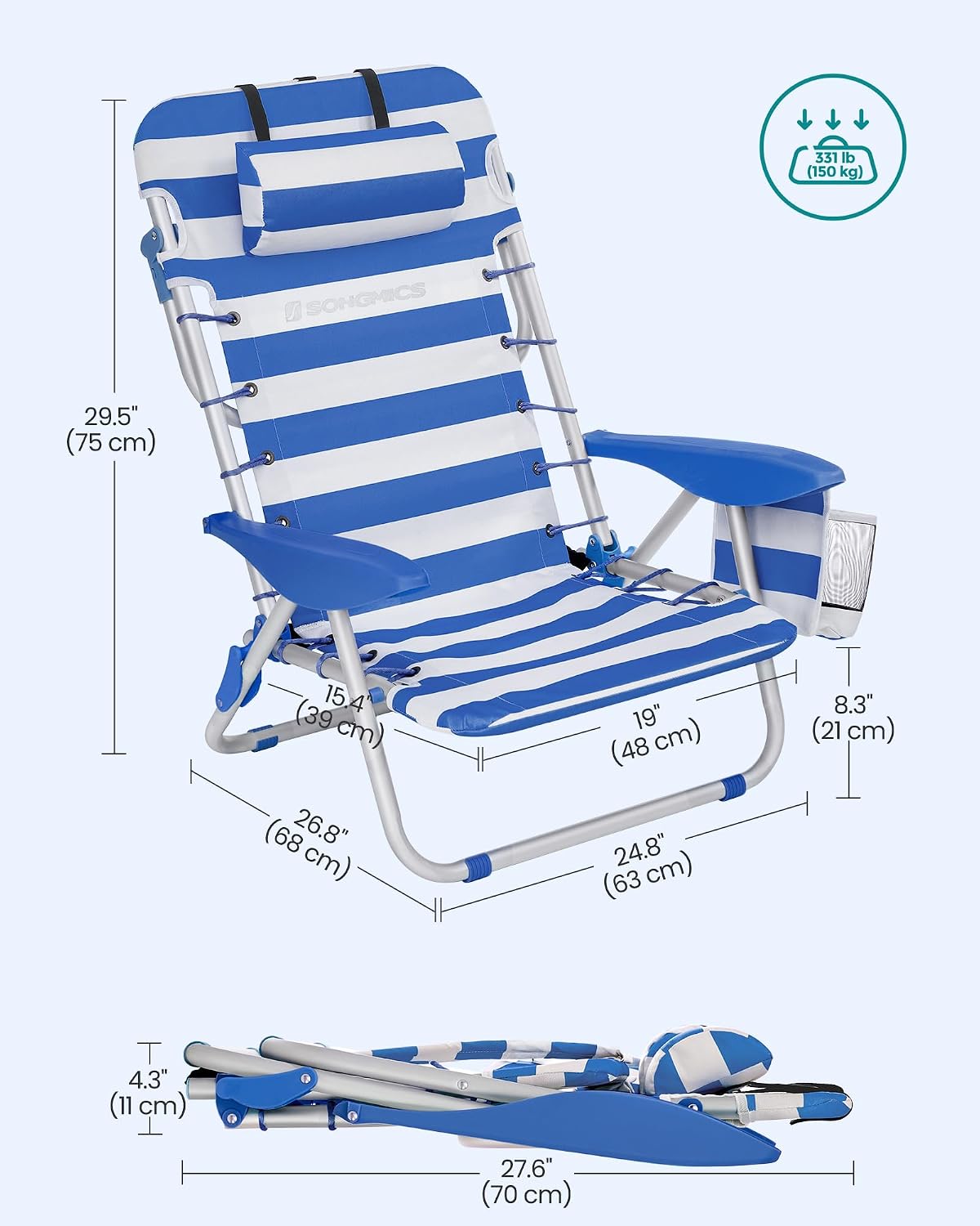 SONGMICS Portable Backpack Beach Chair, 4 Angles Adjustable Backrest