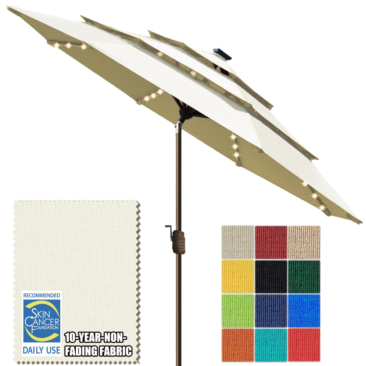 EliteShade USA 10-Year-Non-Fading 9ft 3-Tier Market Patio Umbrella, Commercial Table Umbrella with 80 Solar LED Lights, Crank Open, Windproof & UPF 50+ UV Protection for Garden, Deck, Pool, Backyard, Heather Beige