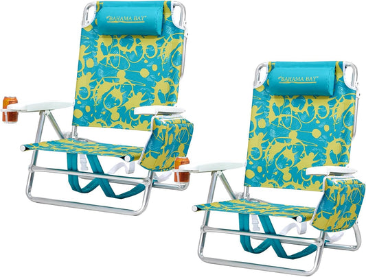 Old Bahama Bay Backpack Beach Chair 2 Pack, Aluminum Lightweight Reclining 5-Position Lounge Chair for Adults Heavy Duty Support 400 LBS Portable Folding with Cooler Bag Camping Chair for Sand Outdoor
