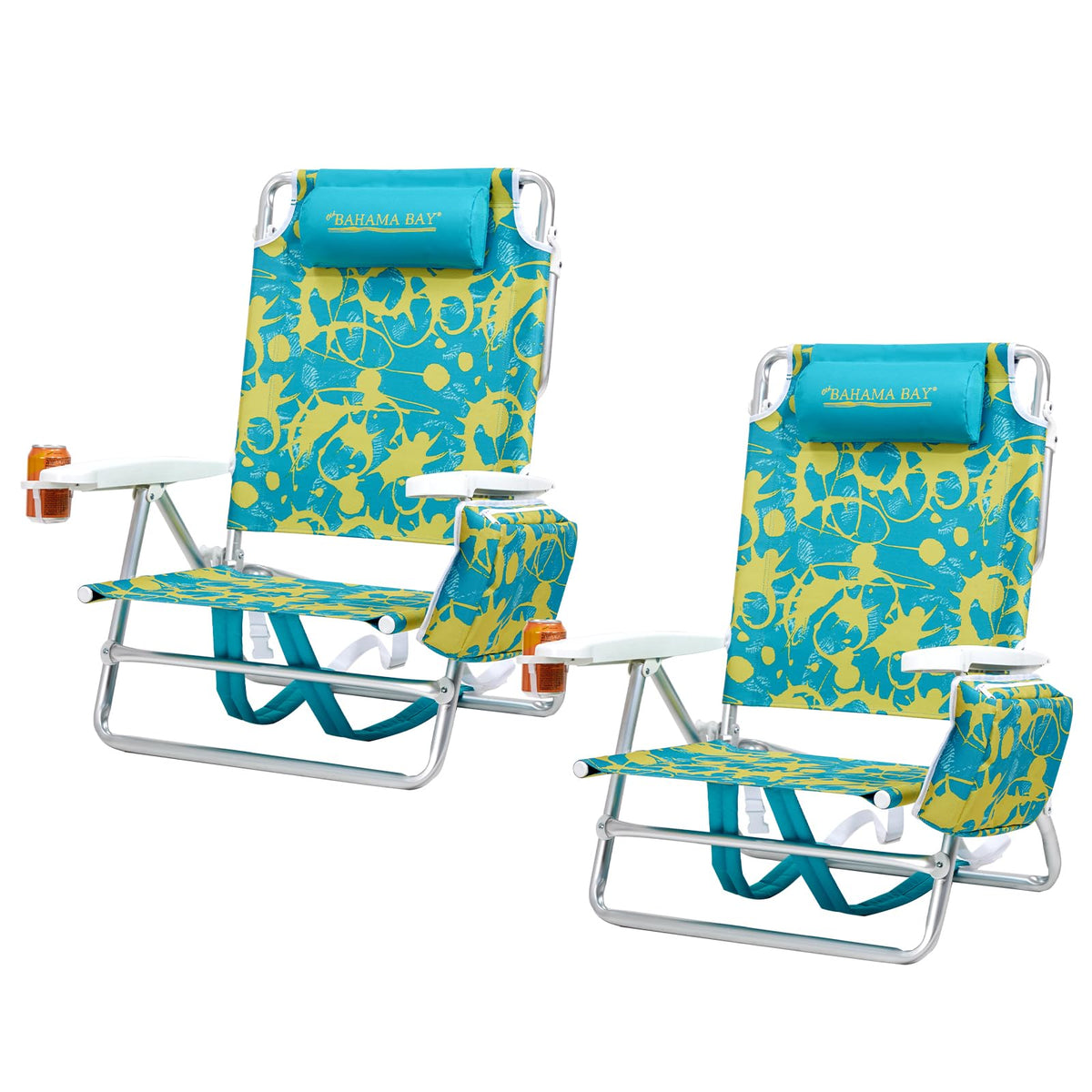 Old Bahama Bay Backpack Beach Chair 2 Pack, Aluminum Lightweight Reclining 5-Position Lounge Chair for Adults Heavy Duty Support 400 LBS Portable Folding with Cooler Bag Camping Chair for Sand Outdoor