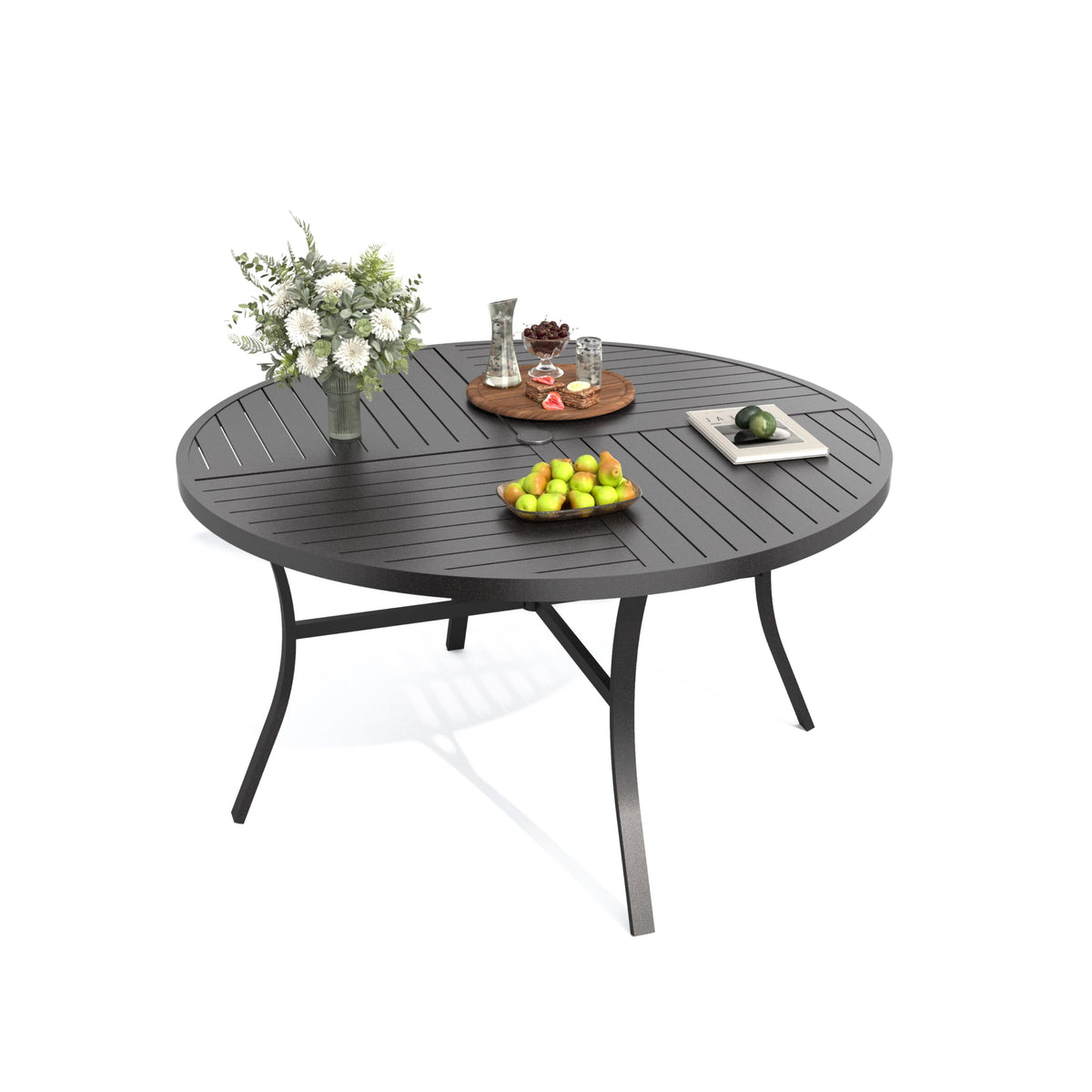 PHI VILLA Patio Round Table w/Umbrella Hole, Metal Table for 4, Black