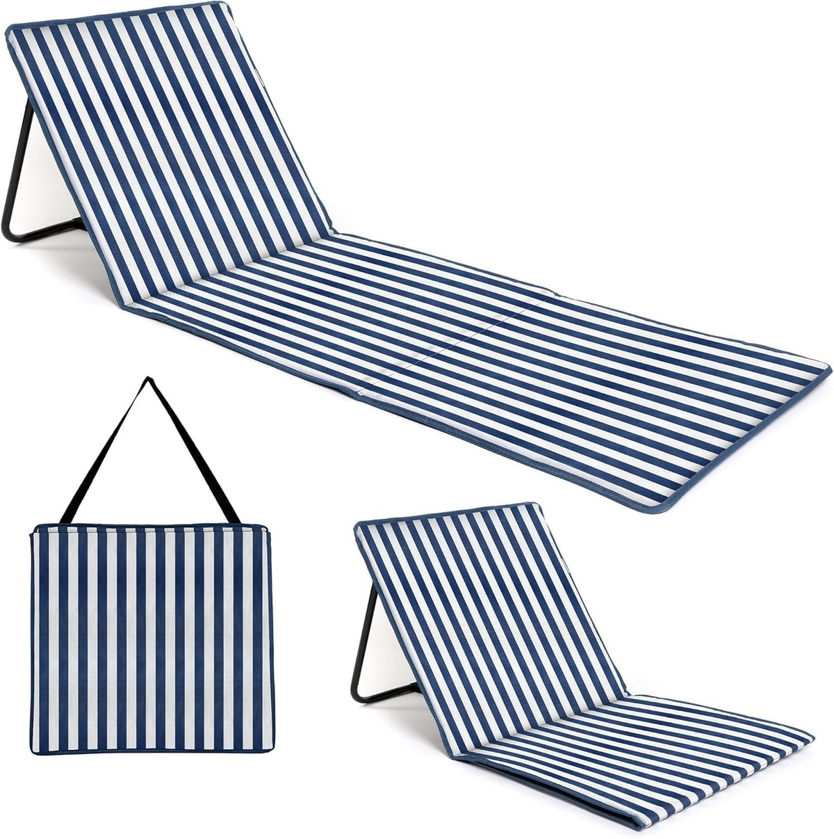 just be... Beach Chair with Backrest, Foldable Lightweight Reclining Beach Mat, Portable Padded Lounge Seat with Carry Strap & Zip Pocket – Pink Stripes