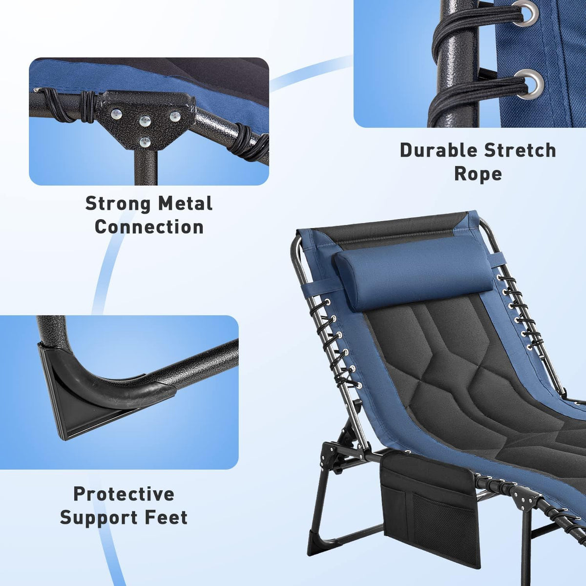 Flamaker Folding Chaise Lounge Outdoor Portable Lounge Chairs 4-Position Adjustable Camping Lounge Chair with Pillow & Side Bag Lightweight Recliner Sunbathing Chair for Pool Beach Deck (Blue)