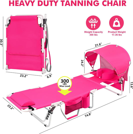 Tanning Chair with Sun Canopy Face Hole Softer Padded Adjustable Washable, Heavy Duty Layout Folding Lounge Chair for Adults Outside Beach Reading Sunbathing Poolside, UPF 50+ Sun Shade, Pink, 300 LBS