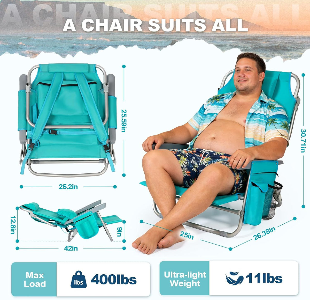 5 Positions Backpack Beach Chairs for Adults with Lumbar Support