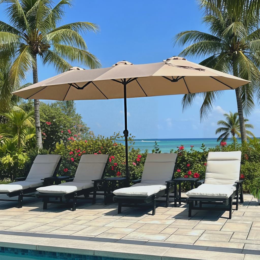 PHI VILLA 15ft Large Outdoor Patio Umbrella with Base Included, Beige