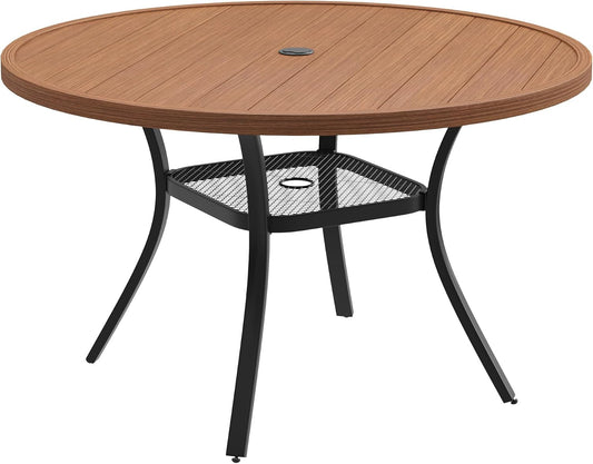 DIFY 48" Round Patio Dining Table for 6, All Weather Round Outdoor Metal Dining Table with 1.57" Umbrella Hole, Perfect for Backyard Lawn Garden, Walnut