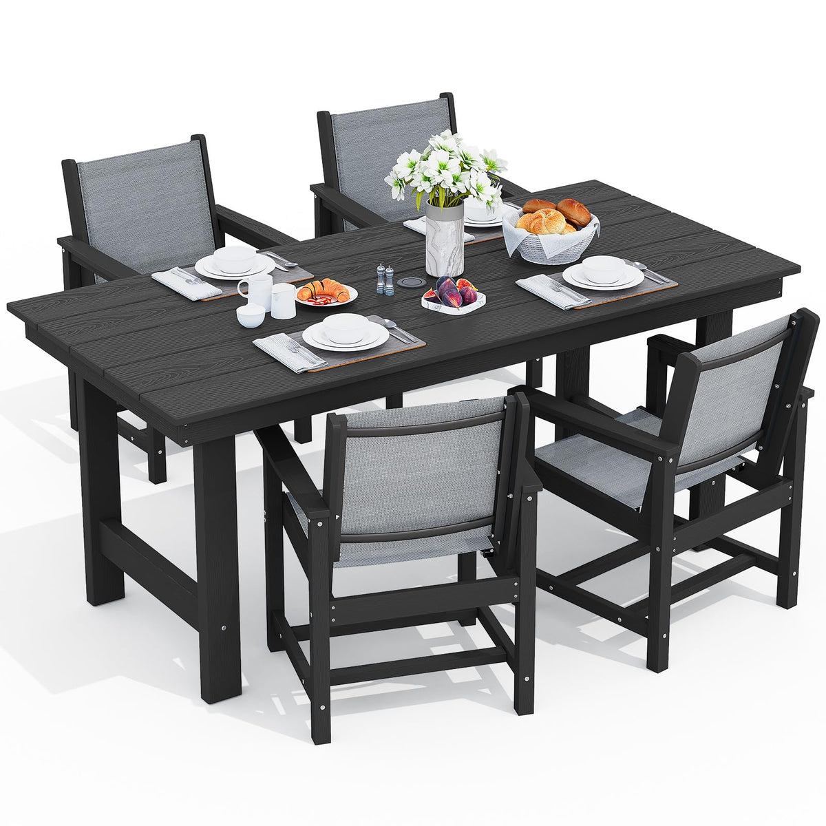 SERWALL 7 Pcs Outdoor Dining Set, 67" HDPE Dining Set for 6, Black