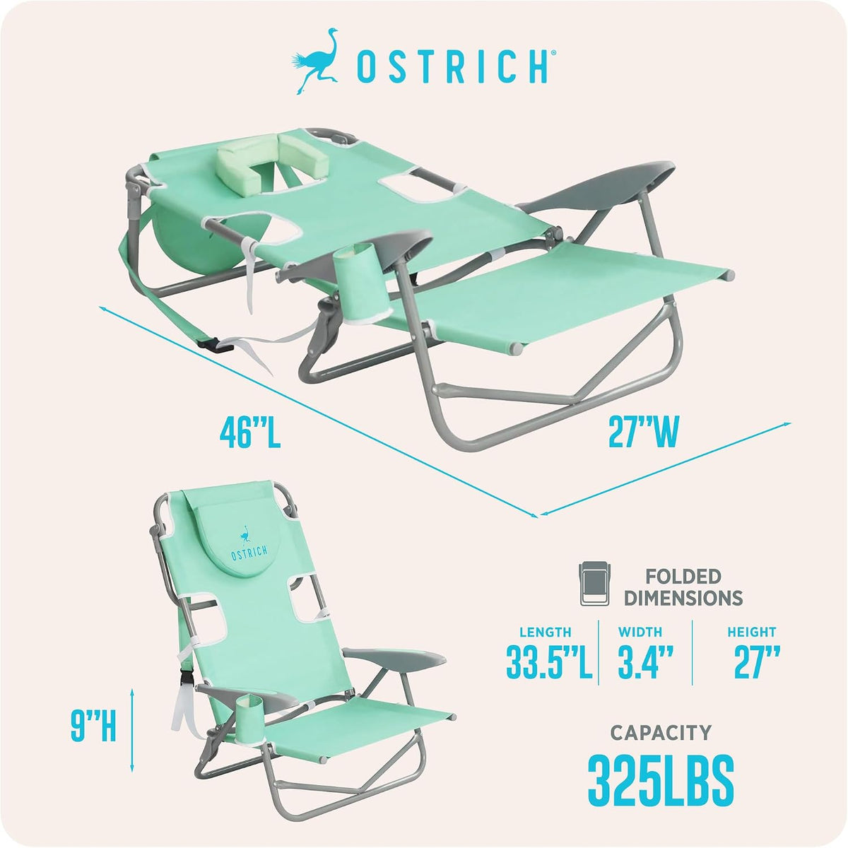 Ostrich the Heavy-Duty Backpacker, Portable Outdoor Beach Chair, Teal
