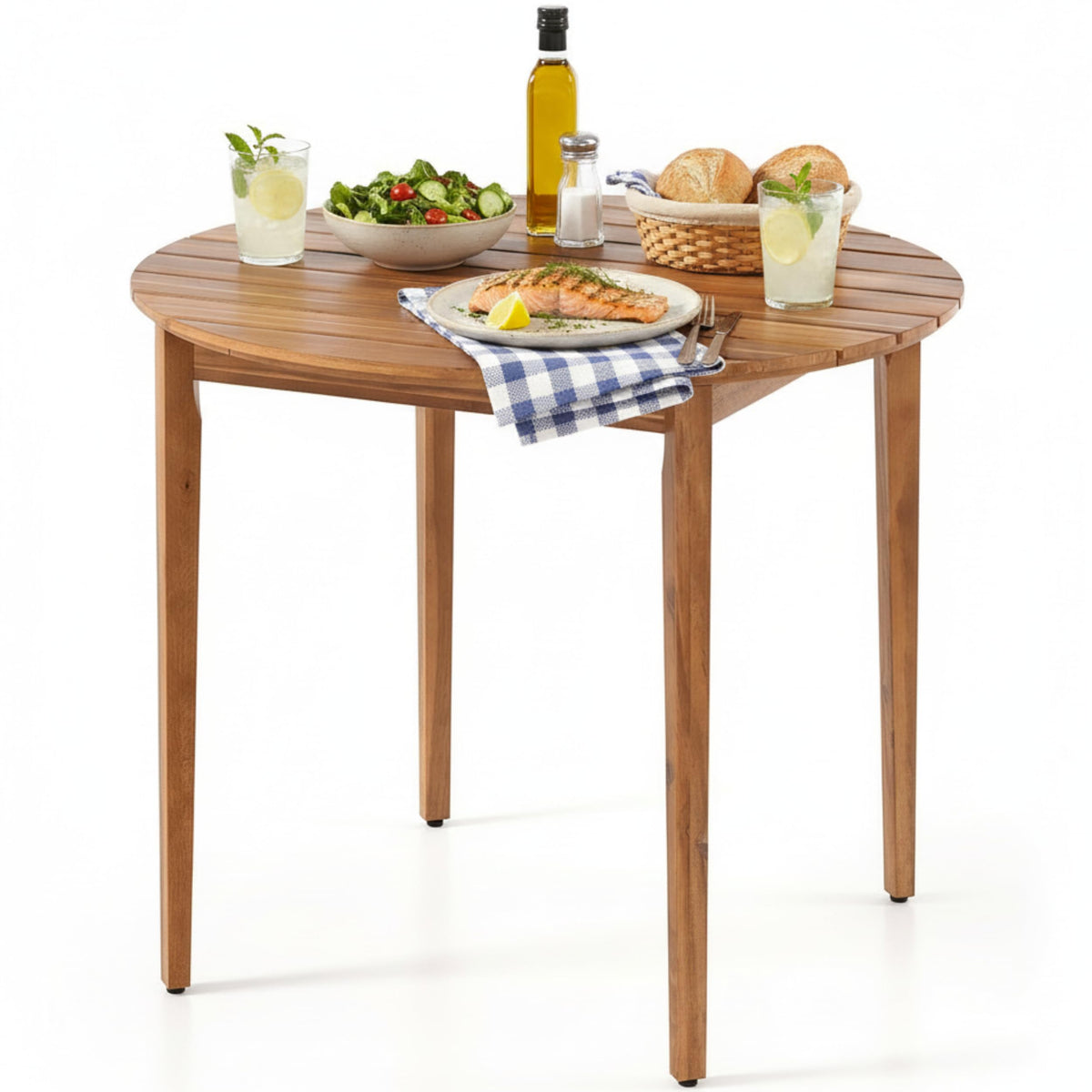 Tangkula 53" Round Outdoor Dining Table for 4-6 People, Acacia Wood Patio Table with Large Tabletop & 2" Umbrella Hole, Farmhouse Dining Furniture for Yard, Deck, Garden, Poolside