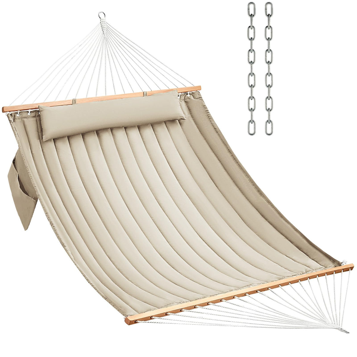 CHULIM Double Quilted Fabric Hammock with Hardwood Spreader Bars and Pillow 450 LBS Capacity 2 Person Large Hammock for Outdoor Patio Backyard Poolside - Green
