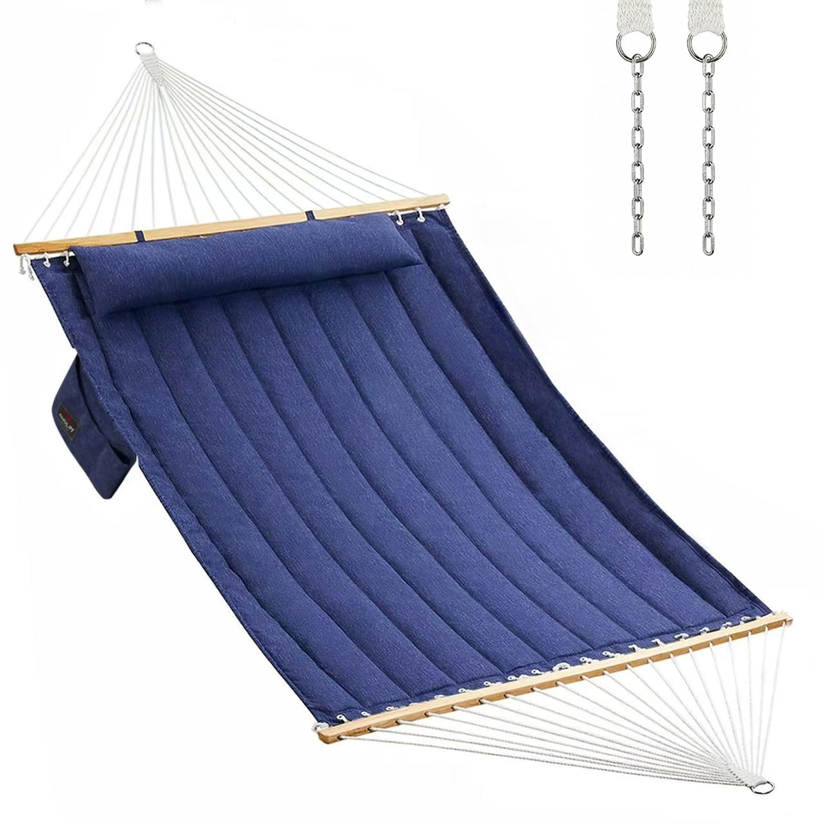 CHULIM Double Quilted Fabric Hammock with Hardwood Spreader Bars and Pillow 450 LBS Capacity 2 Person Large Hammock for Outdoor Patio Backyard Poolside - Green
