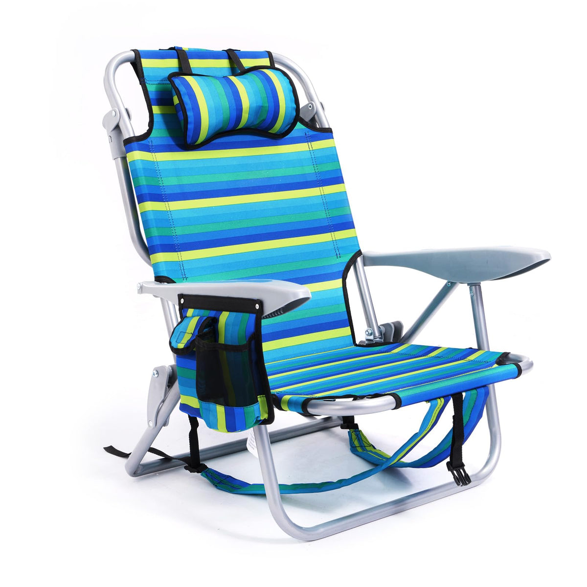 Portable Beach Chair for Adults, Outdoor Camping Chair Lay Flat Folding Backpack Beach Reclining Chair with 5 Positions, Headrest, Zipper Pouch, Cup Holder, Blue