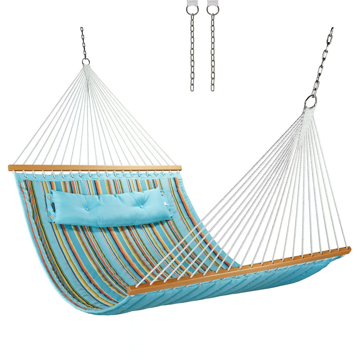CHULIM Double Quilted Fabric Hammock with Hardwood Spreader Bars and Pillow 450 LBS Capacity 2 Person Large Hammock for Outdoor Patio Backyard Poolside - Green