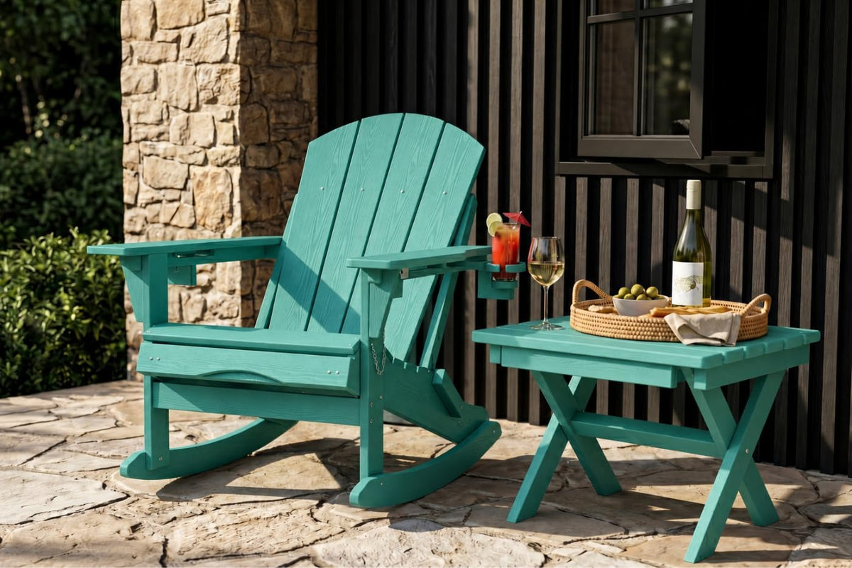 All-Weather HDPE Adirondack Rocking Chair, Heavy Duty Folding Porch Rocker with Curved High Back & Armrest, Comfortable Outdoor Lounge Chair for Backyard Patio Deck Garden, Aruba Blue