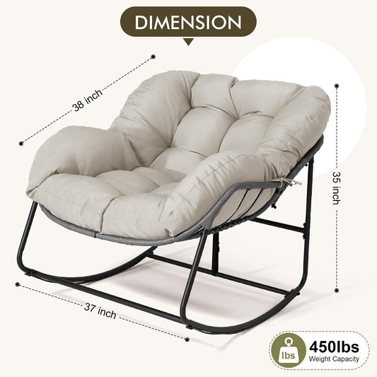 Bifanuo Oversized Egg Rocking Chair for Indoor Outdoor – All-Weather Wicker Rattan Lounge Chair with Cushion Patio Rocker for Porch Garden or Balcony (Beige)