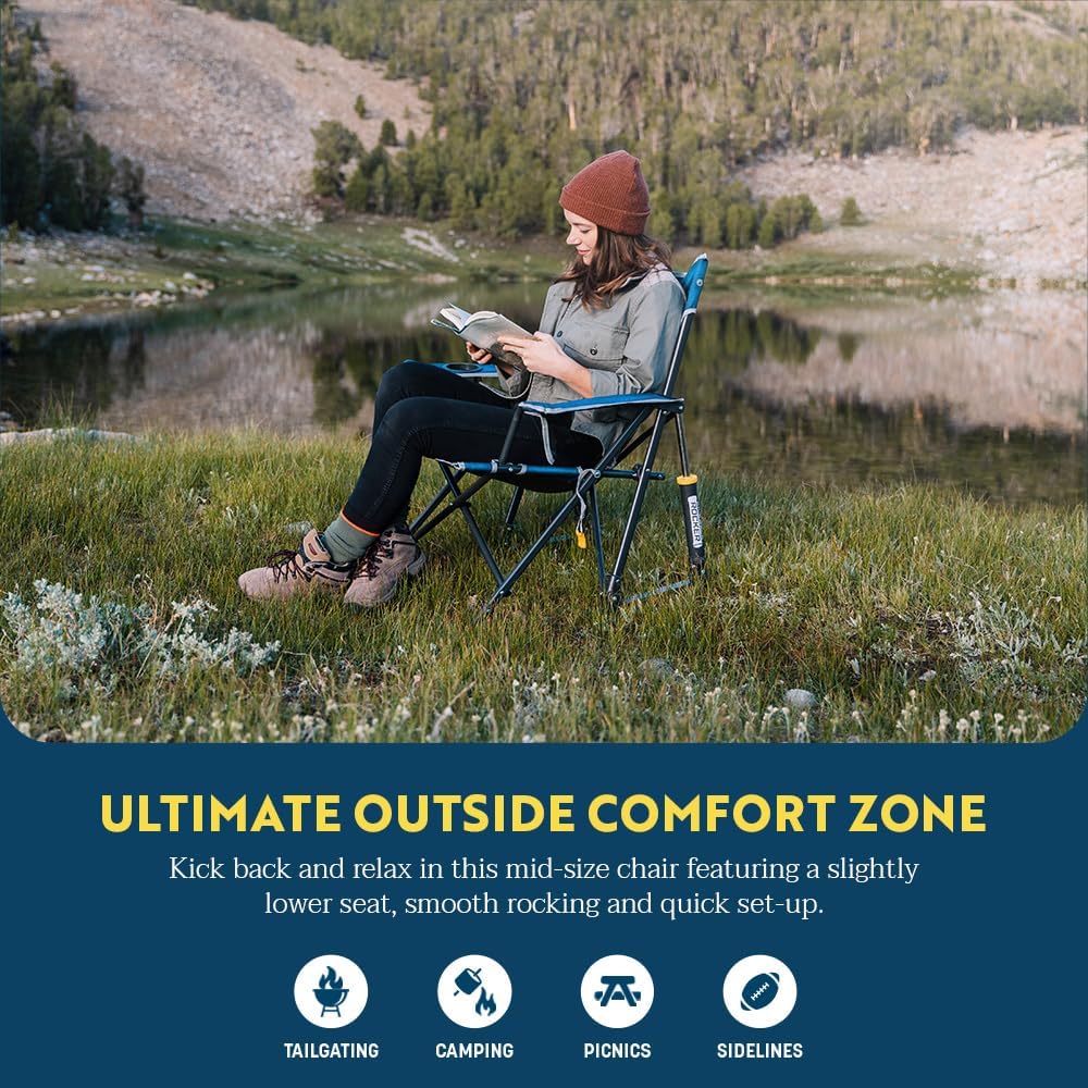 GCI Outdoor Kickback Rocker Camping Chair | Portable Folding Rocking Chair with Durable Armrests, Drink Holder & Relaxed Lowered Seat for Comfort — Red