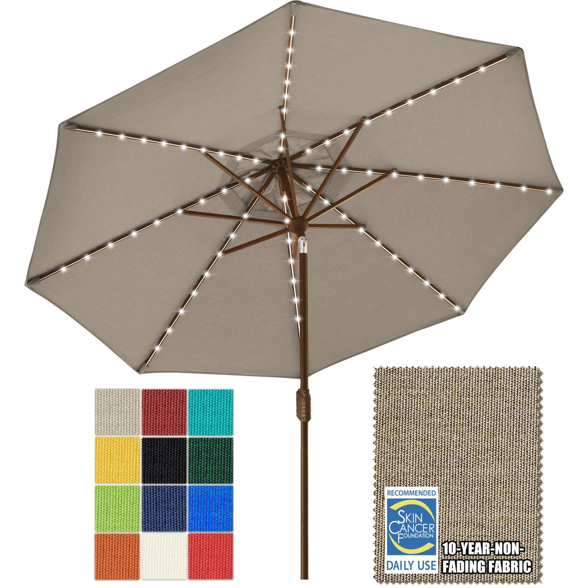 EliteShade USA 10-Year-Non-Fading 9ft 3-Tier Market Patio Umbrella, Commercial Table Umbrella with 80 Solar LED Lights, Crank Open, Windproof & UPF 50+ UV Protection for Garden, Deck, Pool, Backyard, Heather Beige