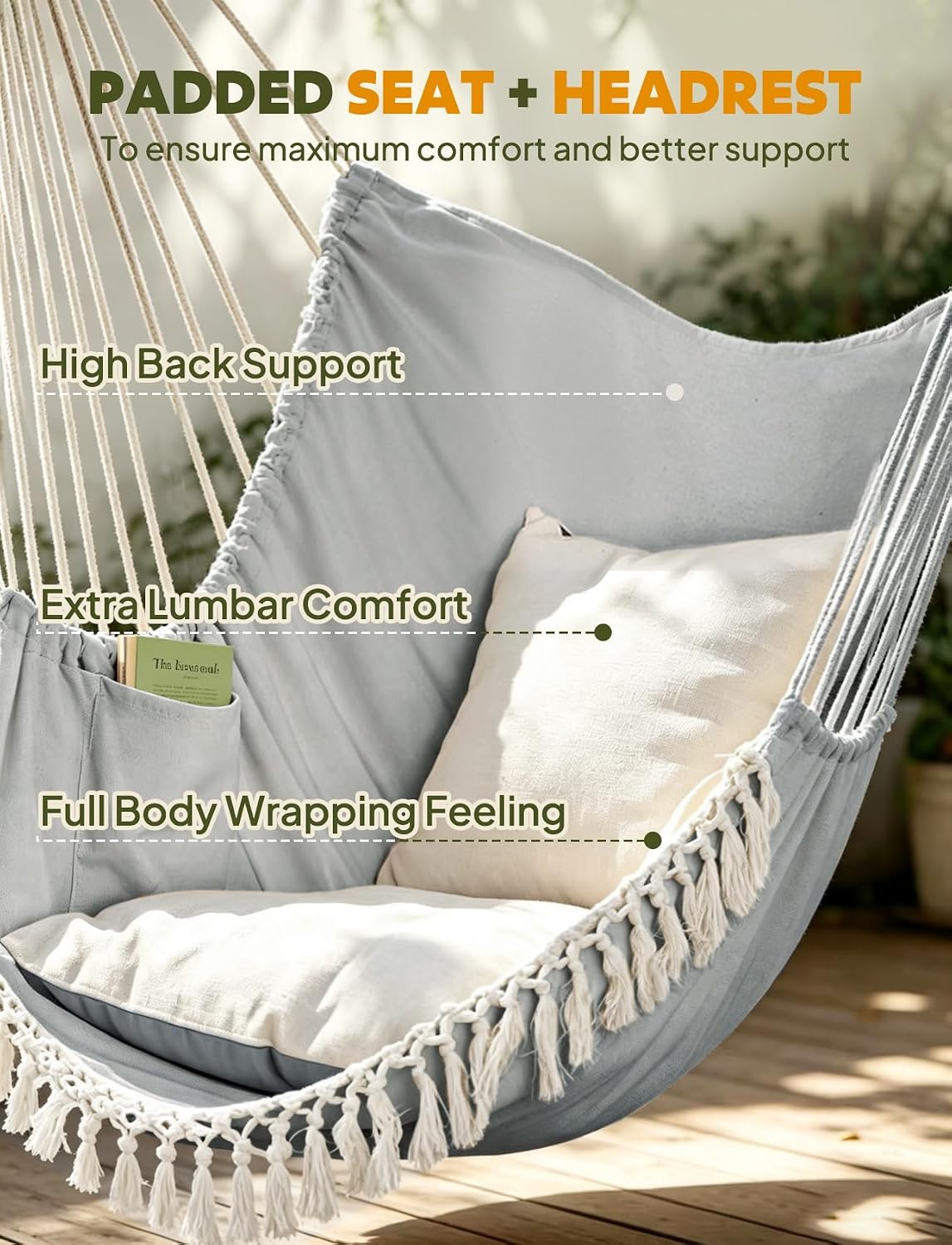 Chihee Hammock Chair Max 500 Lbs 2 Cushions Spreader Bar Strap Carabiner